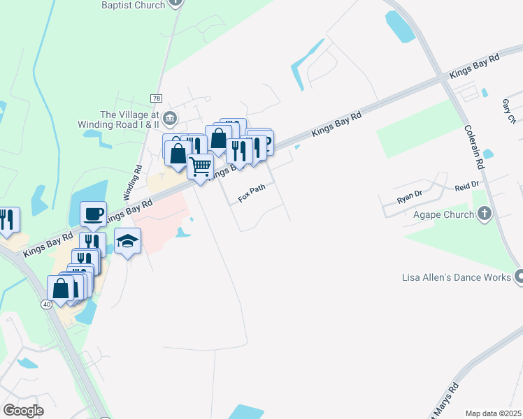 map of restaurants, bars, coffee shops, grocery stores, and more near 23 Coastal Walk in Saint Marys