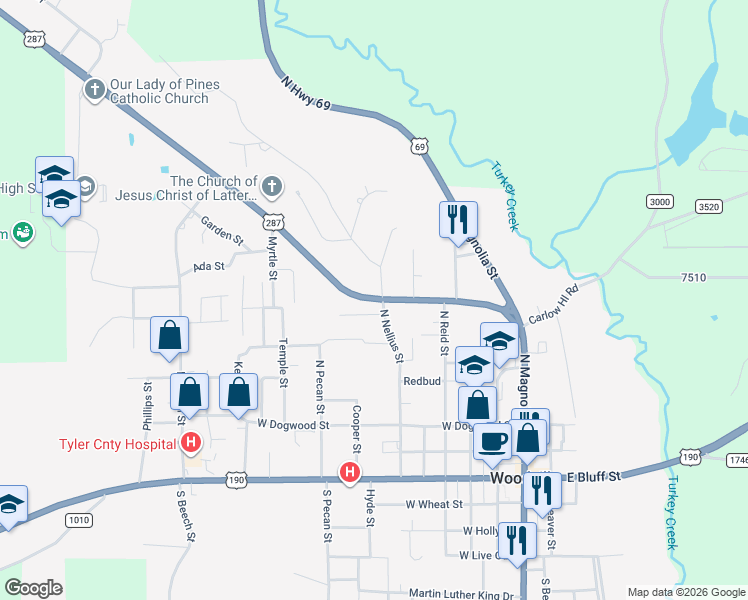 map of restaurants, bars, coffee shops, grocery stores, and more near 609 Pine Street in Woodville