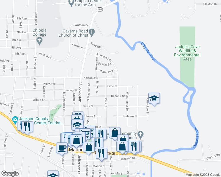 map of restaurants, bars, coffee shops, grocery stores, and more near 4483 Lime Street in Marianna