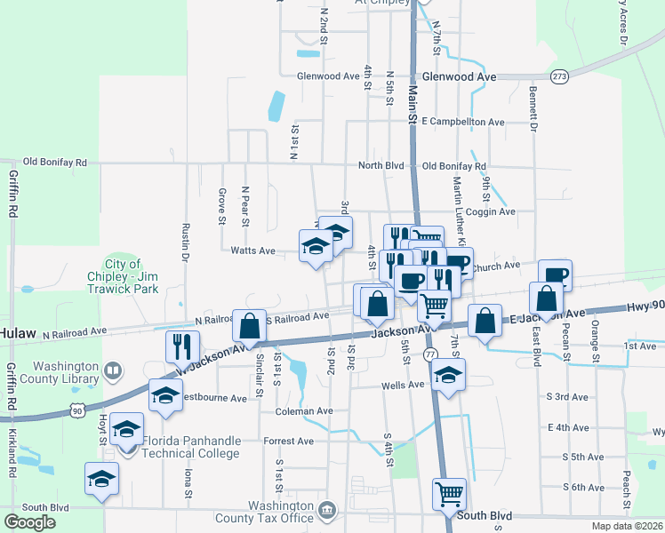 map of restaurants, bars, coffee shops, grocery stores, and more near 652 3rd Street in Chipley