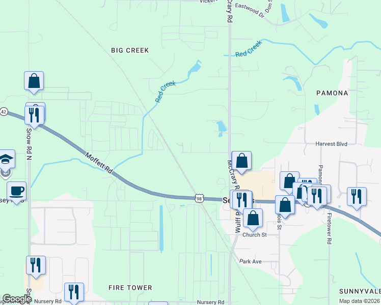 map of restaurants, bars, coffee shops, grocery stores, and more near 9348 Calhoun Drive in Semmes