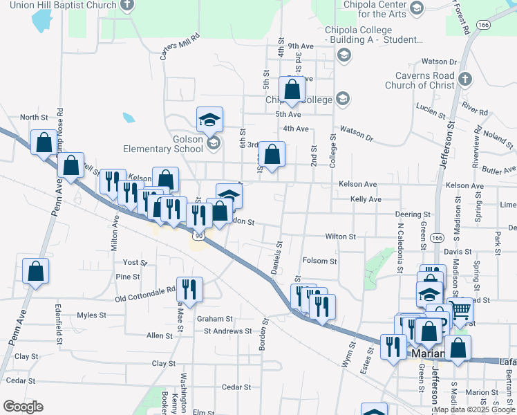 map of restaurants, bars, coffee shops, grocery stores, and more near 2979 Daniels Street in Marianna