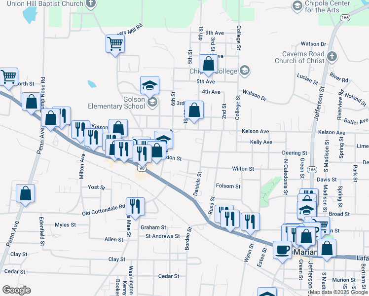 map of restaurants, bars, coffee shops, grocery stores, and more near 2979 Daniels Street in Marianna