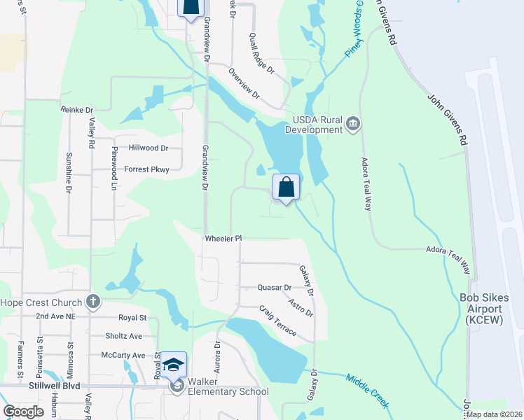 map of restaurants, bars, coffee shops, grocery stores, and more near 101 Blue Gill Way in Crestview