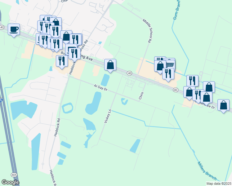map of restaurants, bars, coffee shops, grocery stores, and more near 215 Al Gay Drive in Kingsland