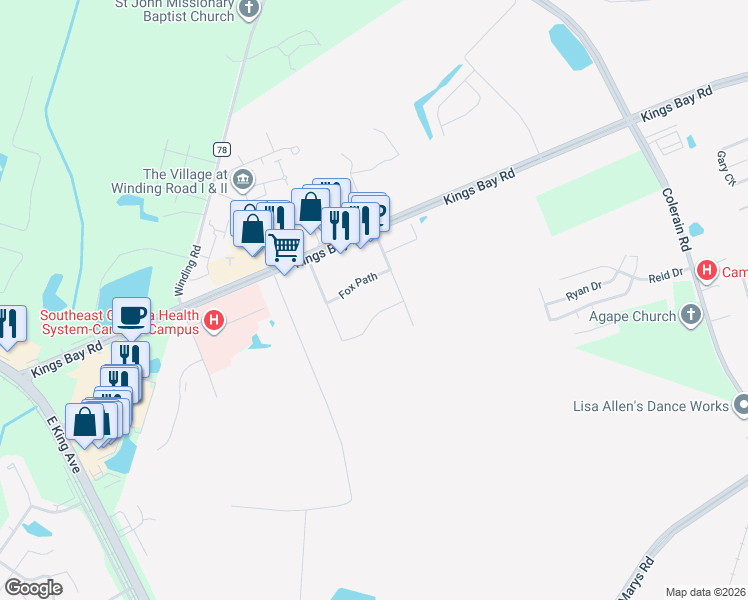map of restaurants, bars, coffee shops, grocery stores, and more near 23 Coastal Walk in St. Marys