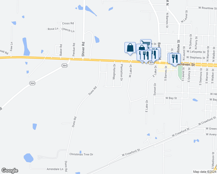 map of restaurants, bars, coffee shops, grocery stores, and more near 1407 Camellia Drive in Quitman