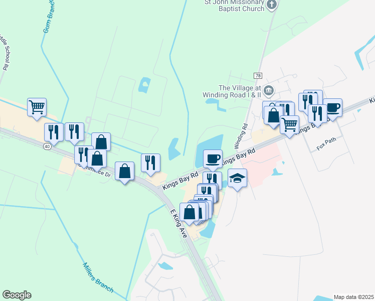 map of restaurants, bars, coffee shops, grocery stores, and more near 75 Lake Pointe Drive in Kingsland