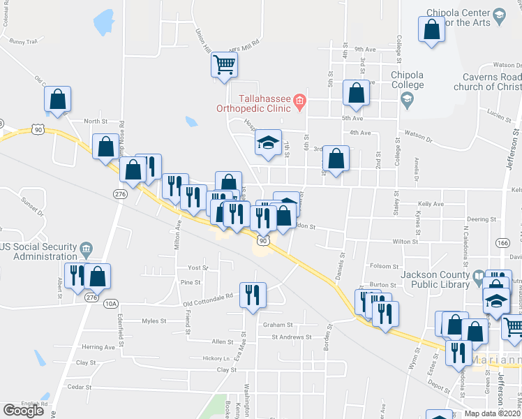 map of restaurants, bars, coffee shops, grocery stores, and more near 2983 Smith Street in Marianna