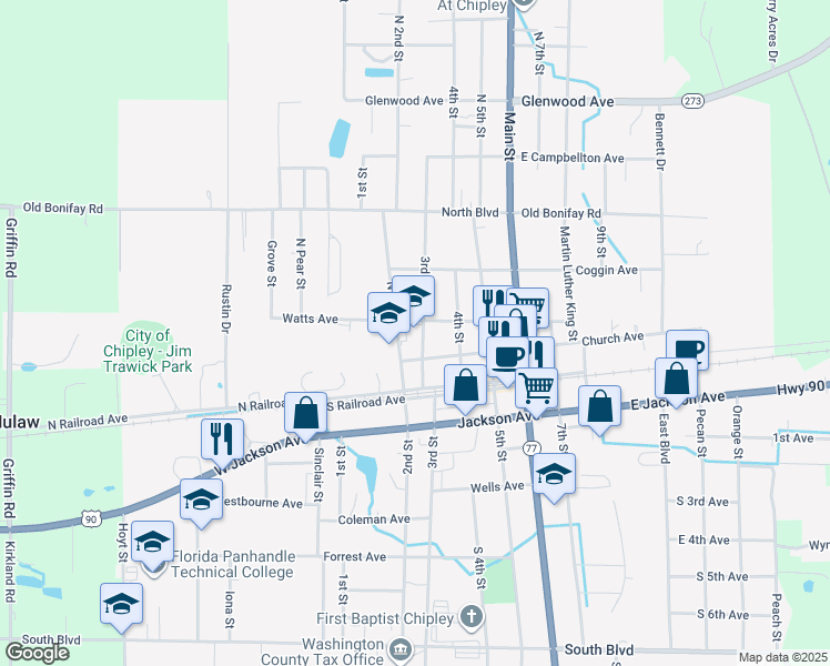 map of restaurants, bars, coffee shops, grocery stores, and more near 652 3rd Street in Chipley