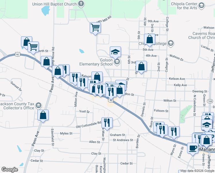 map of restaurants, bars, coffee shops, grocery stores, and more near 2993 Smith Street in Marianna