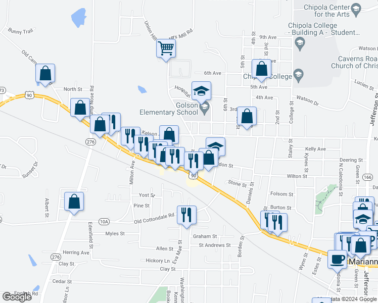 map of restaurants, bars, coffee shops, grocery stores, and more near 2985 Smith Street in Marianna