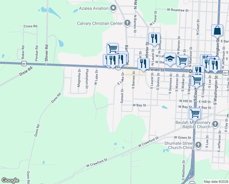 map of restaurants, bars, coffee shops, grocery stores, and more near 310 East Lake Drive in Quitman