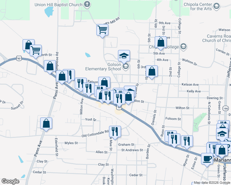 map of restaurants, bars, coffee shops, grocery stores, and more near 2993 Smith Street in Marianna