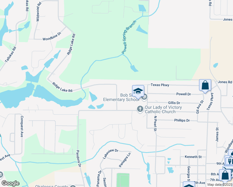 map of restaurants, bars, coffee shops, grocery stores, and more near 168 Ridge Lake Road in Crestview