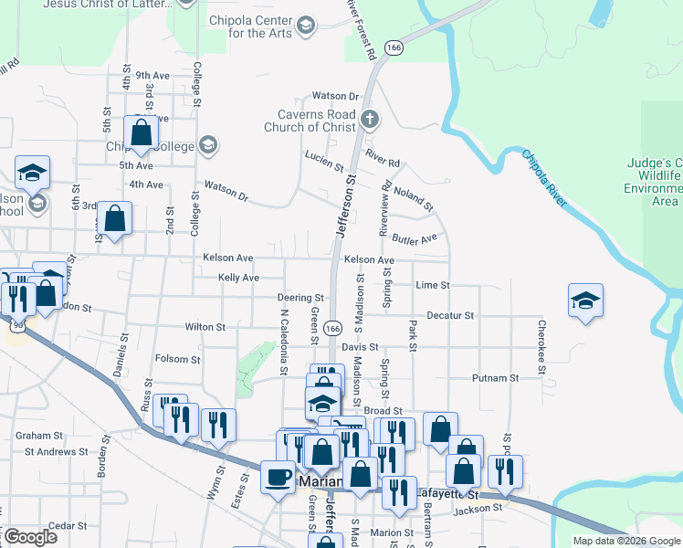 map of restaurants, bars, coffee shops, grocery stores, and more near 2999 Jefferson Street in Marianna