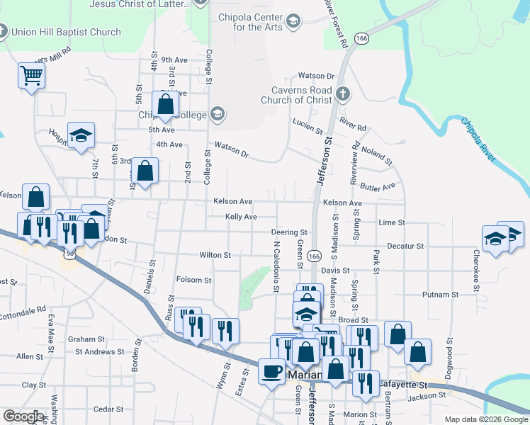 map of restaurants, bars, coffee shops, grocery stores, and more near 4388 Kelly Avenue in Marianna