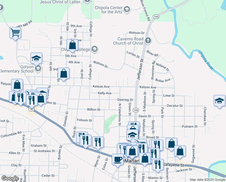 map of restaurants, bars, coffee shops, grocery stores, and more near 4388 Kelly Avenue in Marianna
