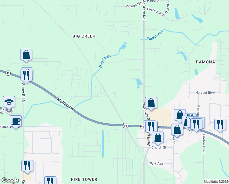 map of restaurants, bars, coffee shops, grocery stores, and more near 9348-9368 Calhoun Drive in Semmes