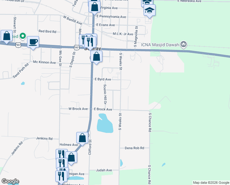 map of restaurants, bars, coffee shops, grocery stores, and more near 1001-1017 Creswell St in Bonifay