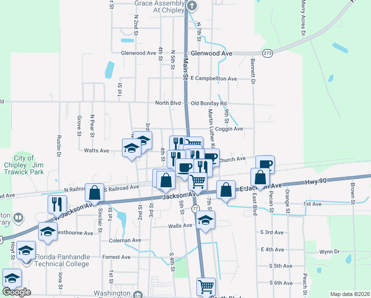 map of restaurants, bars, coffee shops, grocery stores, and more near 774 Main Street in Chipley