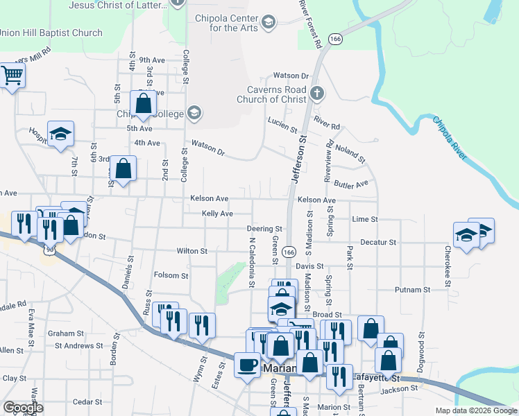 map of restaurants, bars, coffee shops, grocery stores, and more near 2996 Caledonia Street in Marianna