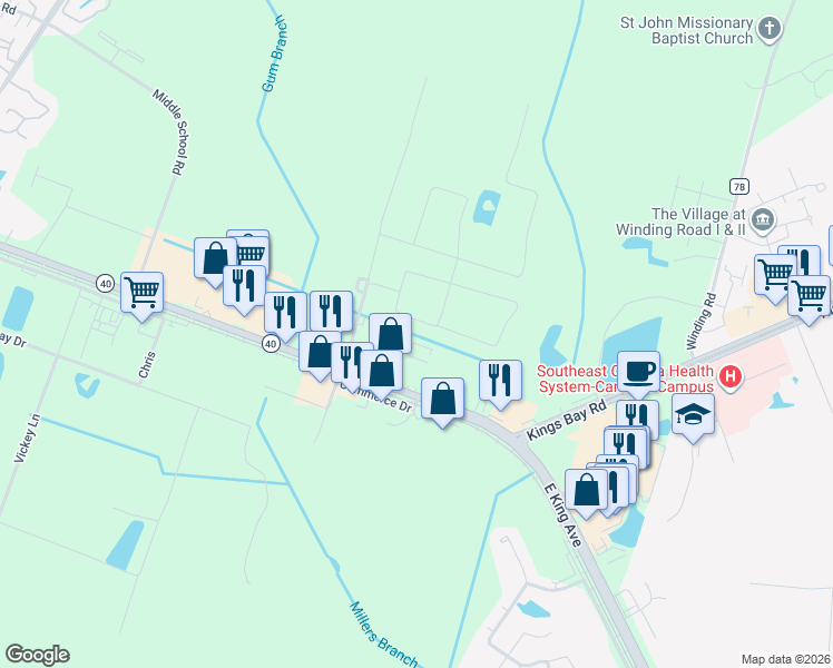 map of restaurants, bars, coffee shops, grocery stores, and more near Ben Garfunkle Road in Kingsland