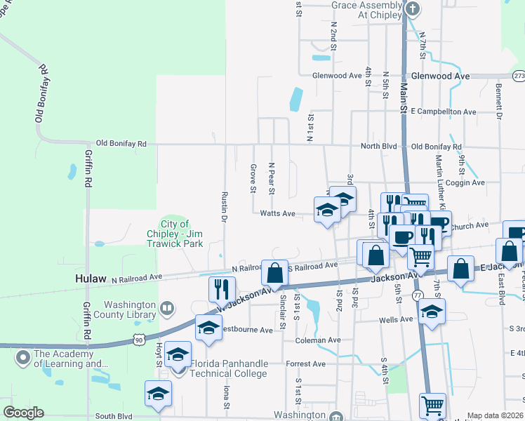 map of restaurants, bars, coffee shops, grocery stores, and more near 1380 Watts Avenue in Chipley