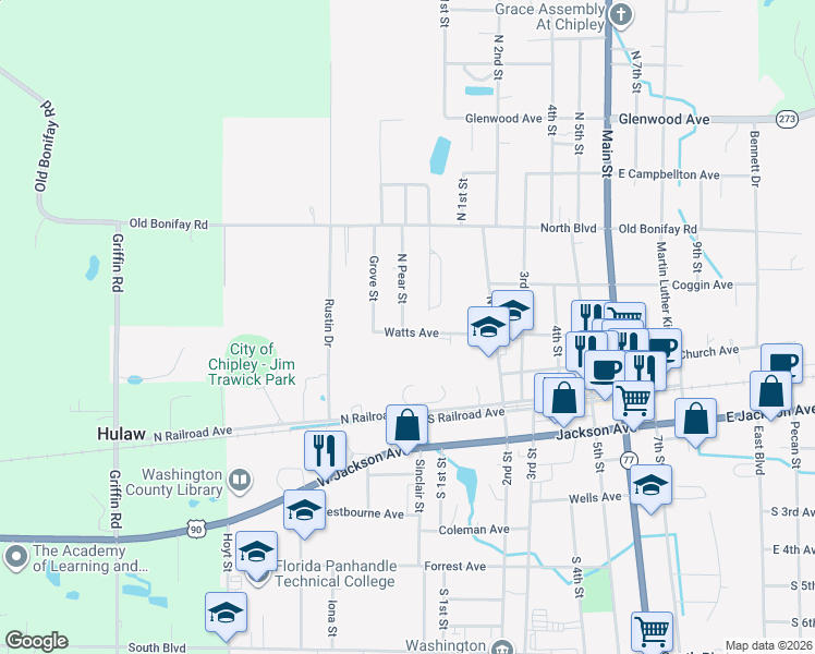 map of restaurants, bars, coffee shops, grocery stores, and more near 1380 Watts Avenue in Chipley