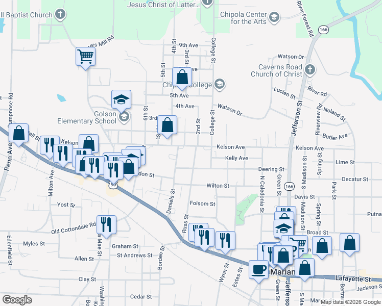 map of restaurants, bars, coffee shops, grocery stores, and more near 2994 Russ Street in Marianna