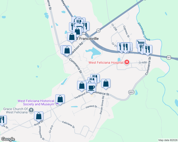 map of restaurants, bars, coffee shops, grocery stores, and more near 4977 Cr-198 in Saint Francisville