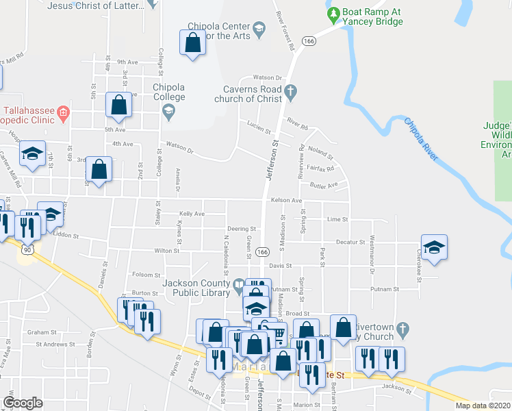 map of restaurants, bars, coffee shops, grocery stores, and more near 2999 Jefferson Street in Marianna