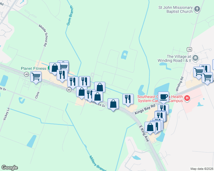 map of restaurants, bars, coffee shops, grocery stores, and more near 1974 Georgia 40 in Kingsland