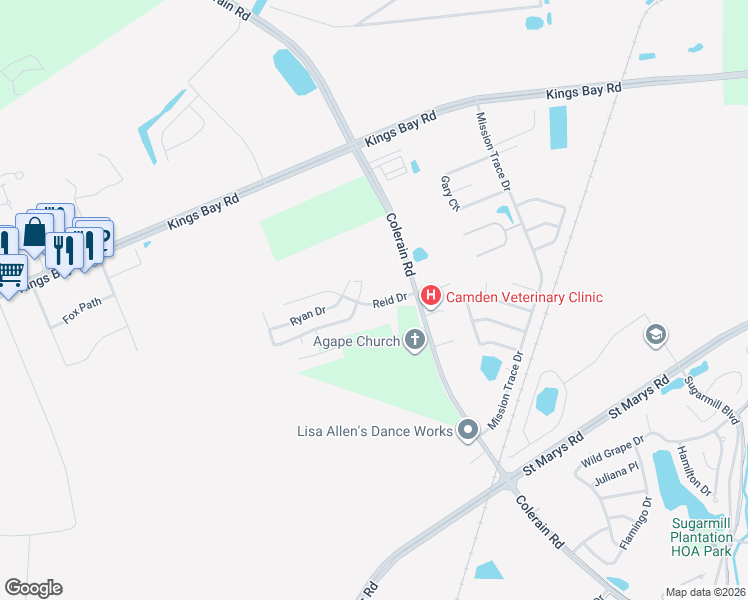 map of restaurants, bars, coffee shops, grocery stores, and more near 100 Reid Drive in St. Marys