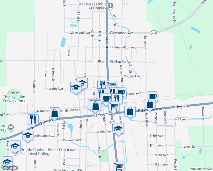 map of restaurants, bars, coffee shops, grocery stores, and more near 774 Main Street in Chipley