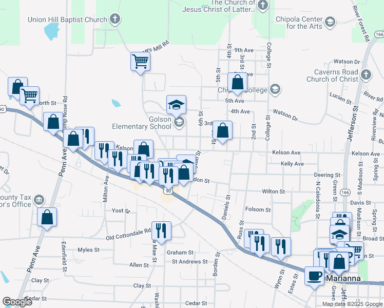 map of restaurants, bars, coffee shops, grocery stores, and more near 2997 Guyton Street in Marianna