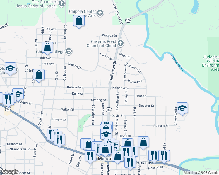 map of restaurants, bars, coffee shops, grocery stores, and more near 2999 Jefferson Street in Marianna