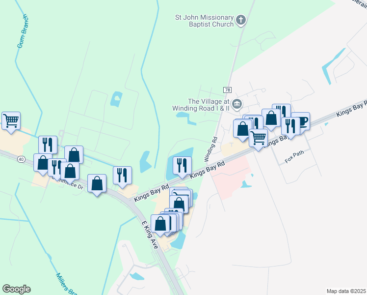 map of restaurants, bars, coffee shops, grocery stores, and more near 201 Kings Bay Road in Kingsland