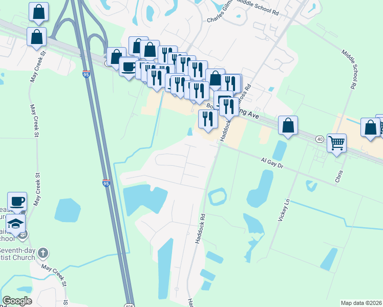 map of restaurants, bars, coffee shops, grocery stores, and more near 302 Cedar Breeze Drive in Kingsland