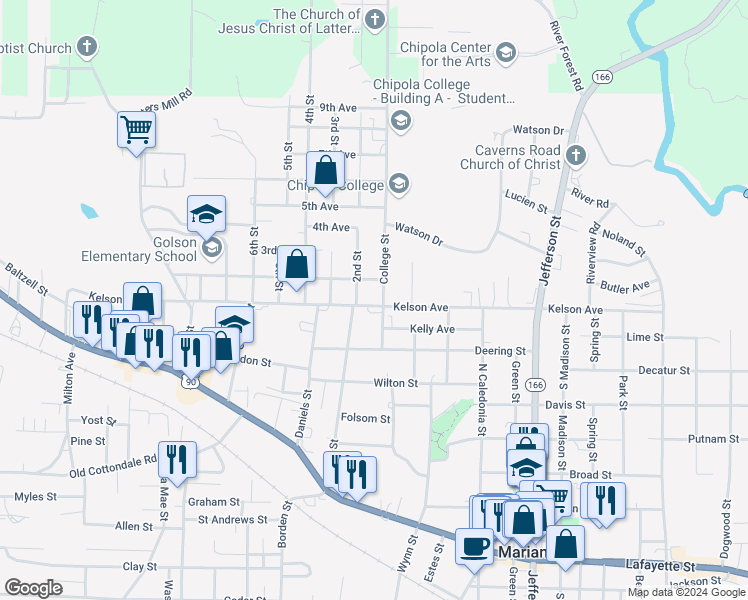 map of restaurants, bars, coffee shops, grocery stores, and more near 4346 Kelson Avenue in Marianna