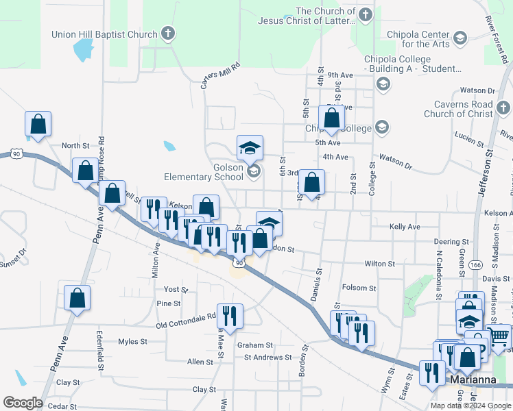 map of restaurants, bars, coffee shops, grocery stores, and more near 4266 Kelson Avenue in Marianna