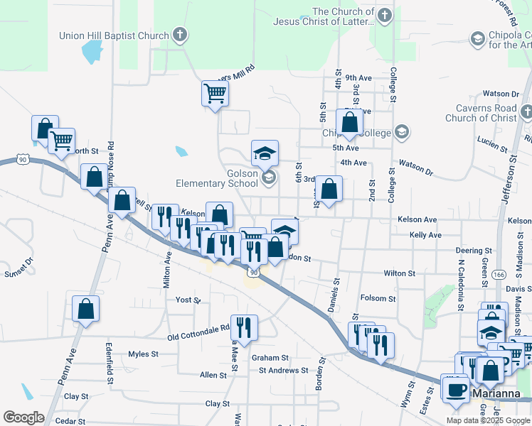 map of restaurants, bars, coffee shops, grocery stores, and more near 4262 Kelson Avenue in Marianna