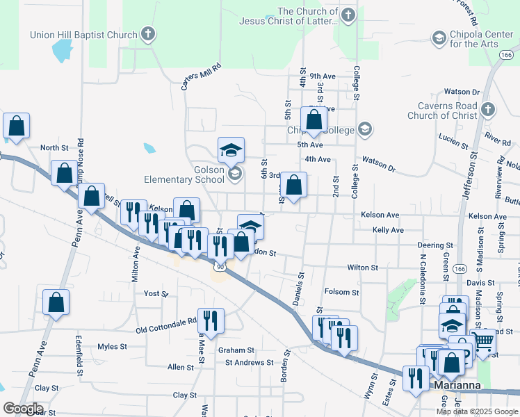 map of restaurants, bars, coffee shops, grocery stores, and more near 3001 6th Street in Marianna
