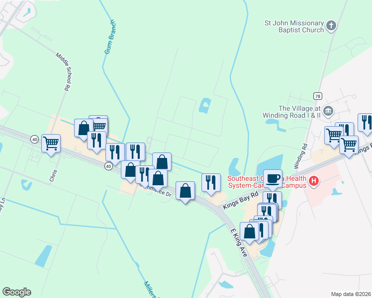 map of restaurants, bars, coffee shops, grocery stores, and more near Ben Garfunkle Road in Kingsland