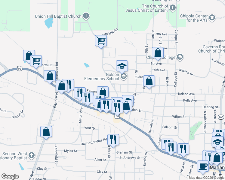 map of restaurants, bars, coffee shops, grocery stores, and more near 4249 Carters Mill Road in Marianna
