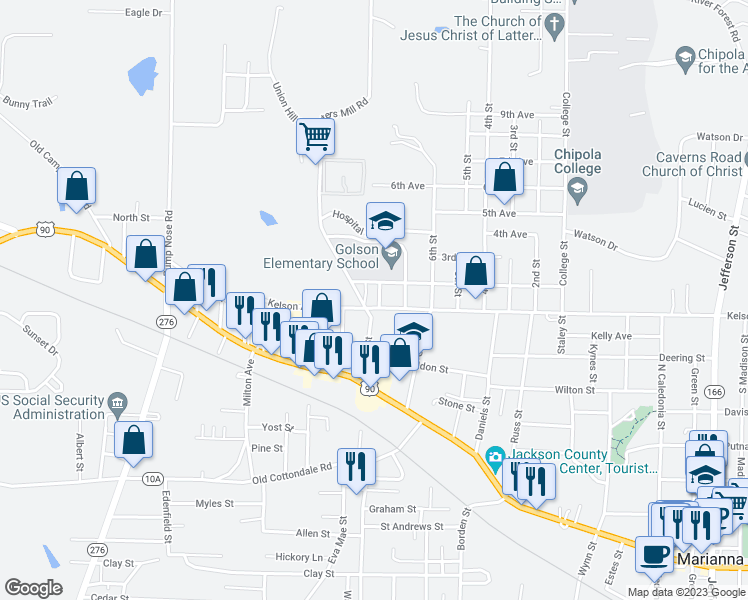 map of restaurants, bars, coffee shops, grocery stores, and more near 4256 Kelson Avenue in Marianna
