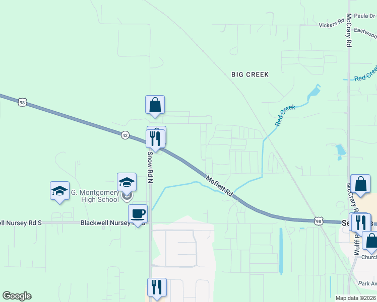 map of restaurants, bars, coffee shops, grocery stores, and more near 9800 Moffett Rd in Semmes