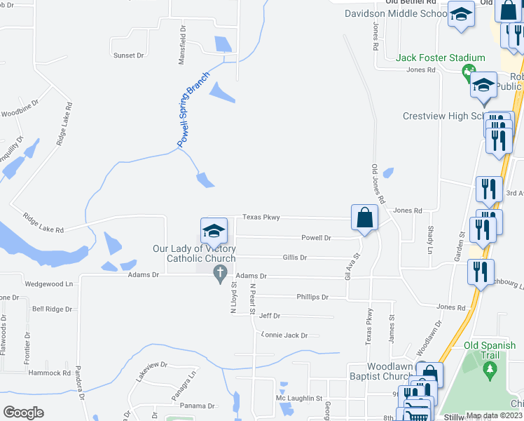 map of restaurants, bars, coffee shops, grocery stores, and more near 1562 Texas Parkway in Crestview