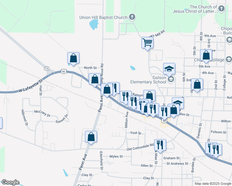 map of restaurants, bars, coffee shops, grocery stores, and more near 4173 Baltzell Street in Marianna