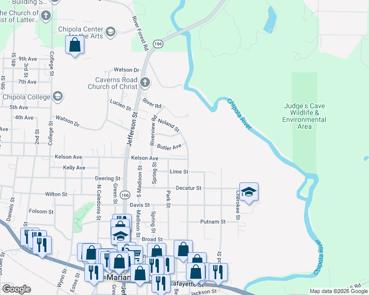 map of restaurants, bars, coffee shops, grocery stores, and more near 3013 Noland Street in Marianna